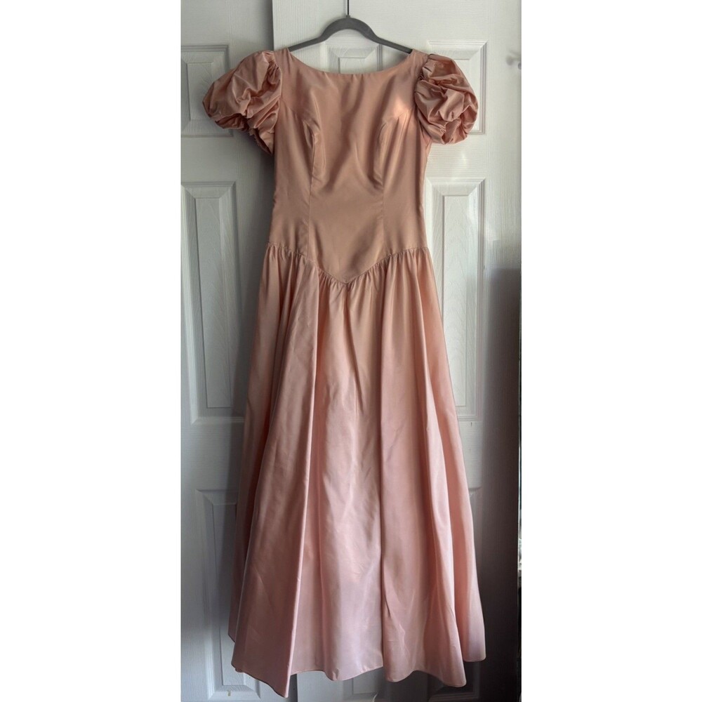 VTG '80s Peach Puff Sleeve Dress Sz 10 Princess Prom Formal Party Gown Petticoat